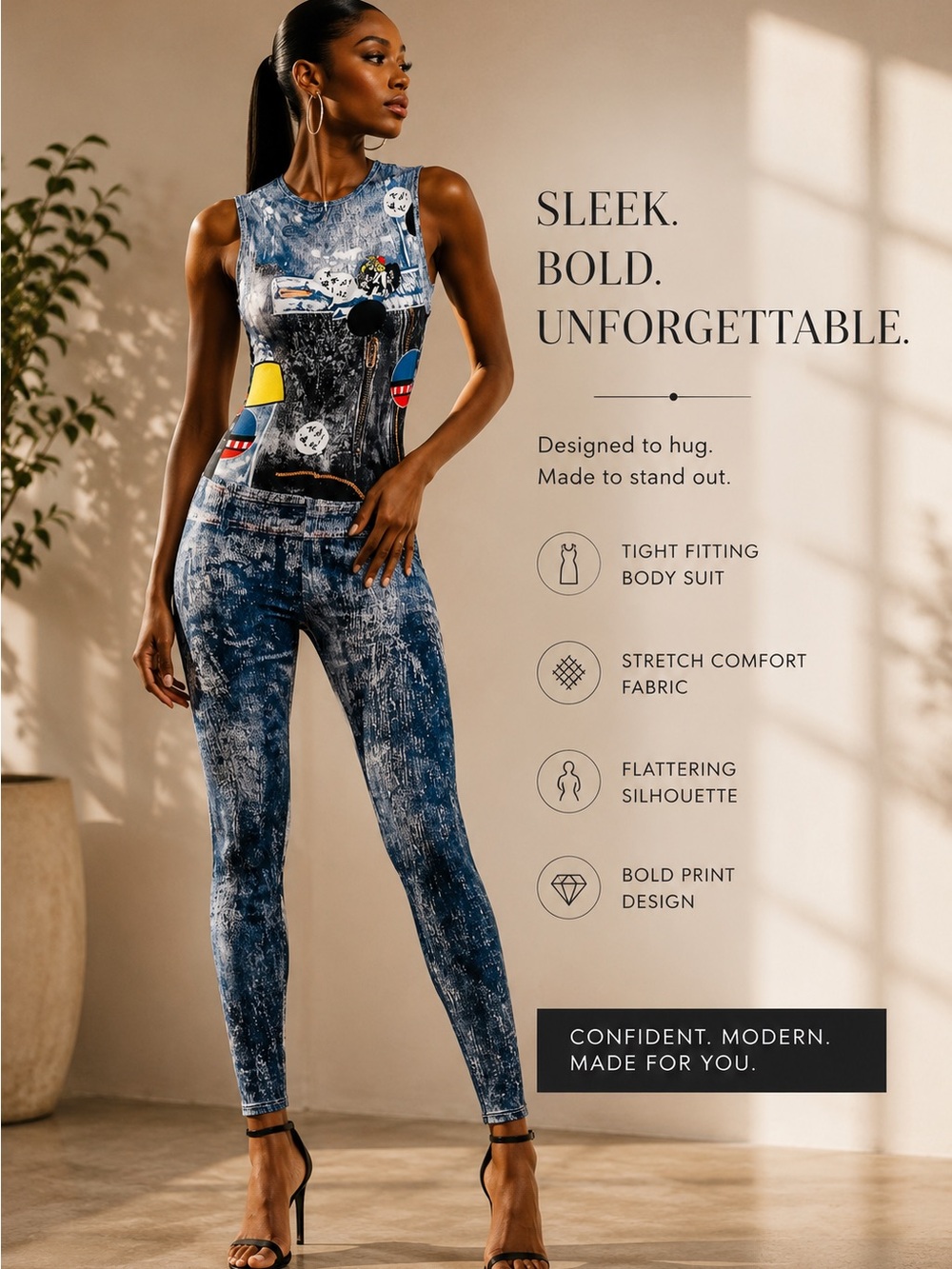 Fashion Nova Blue Printed Tight-Fit Jumpsuit
